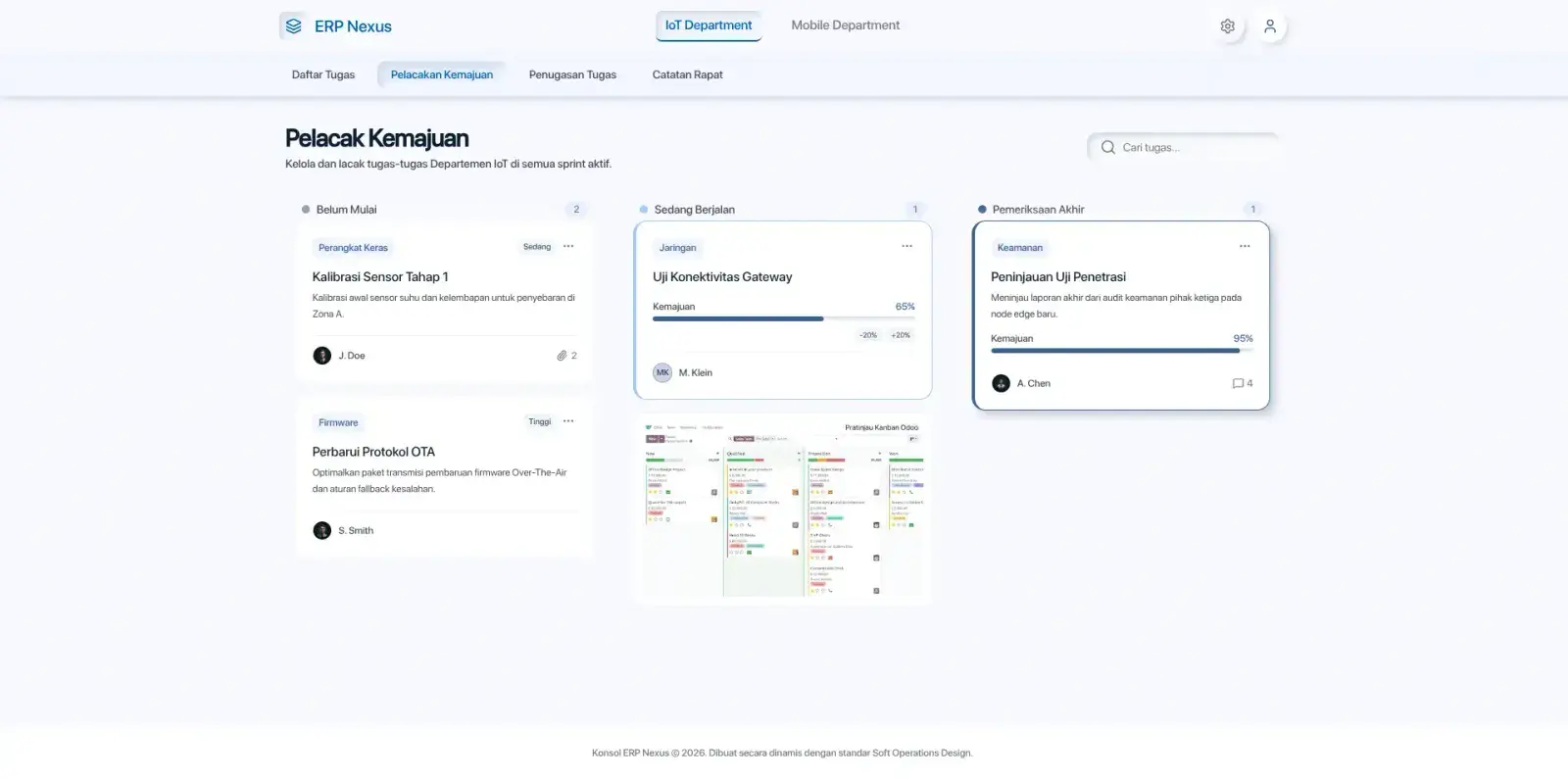 TFE ERP dashboard showing progress tracking and task management